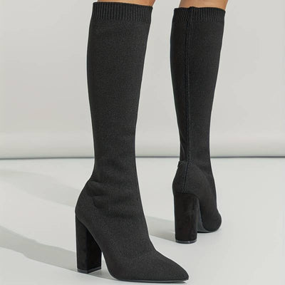 Women’s Knee High Sock Boots – Stretch Knit – Slim Fit – Pointed Toe – Block Heel