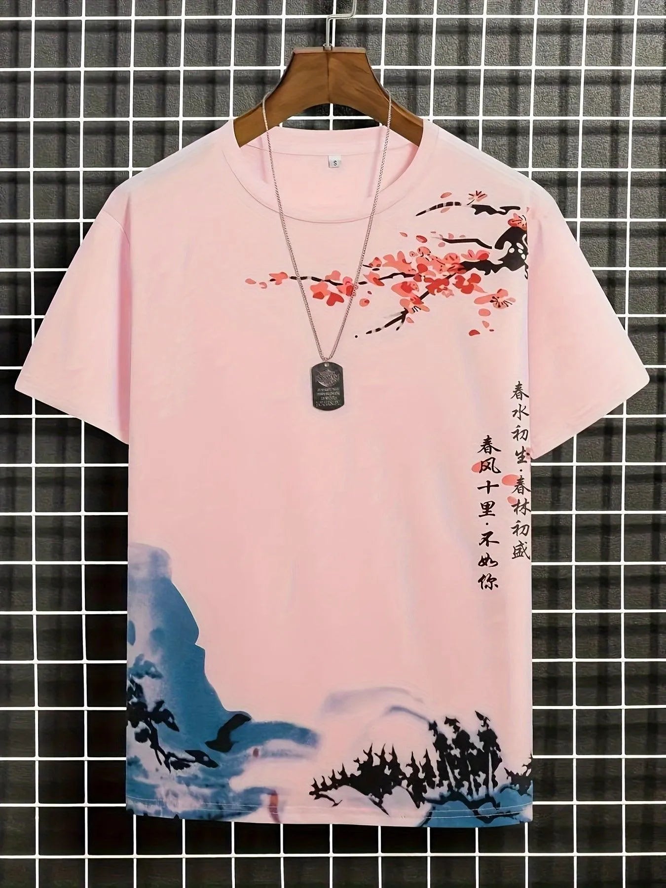 Men’s T-Shirt - Artistic Blossom & Wave Design - Short Sleeve - Casual Wear