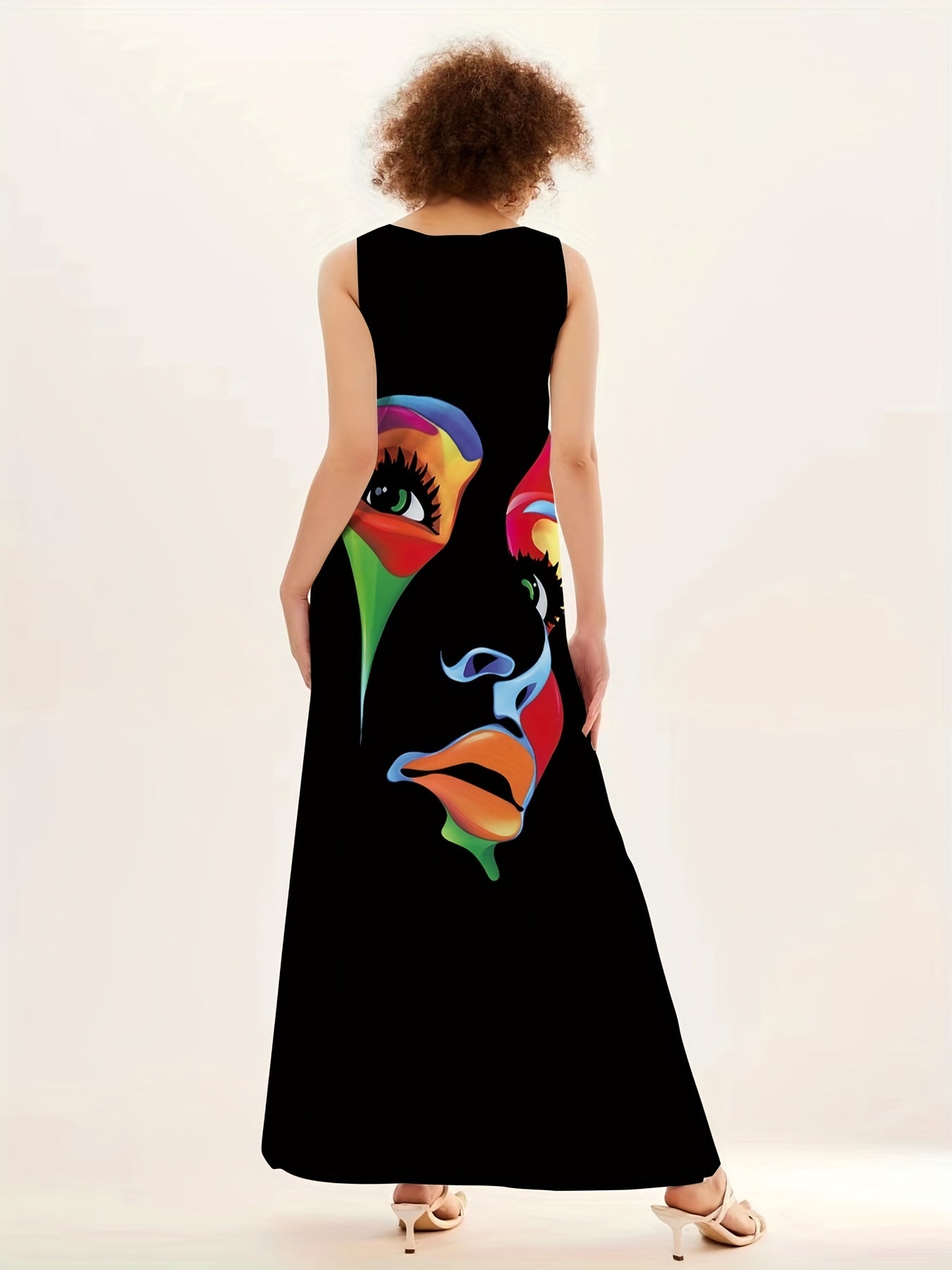 Women's Maxi Dress - Sleeveless Flowing Fit - V-Neck Artistic Face Print