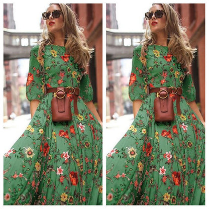 Women's Maxi Dress - Floral Print - Three-Quarter Sleeve - Round Neck - Belted Waist