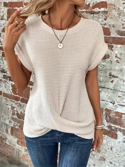 Women's Knit Top - Waffle Texture - Loose Fit - Round Neck - Breathable Casual Wear