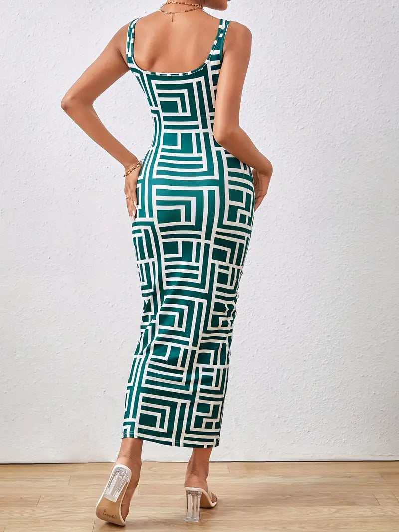 Women's Bodycon Midi Dress - Square Neck - Sleeveless - Geometric Pattern - Fitted Silhouette