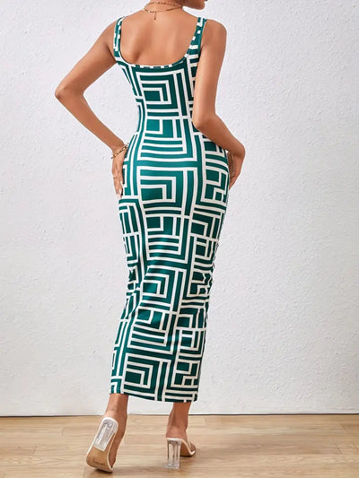 Women's Bodycon Midi Dress - Square Neck - Sleeveless - Geometric Pattern - Fitted Silhouette