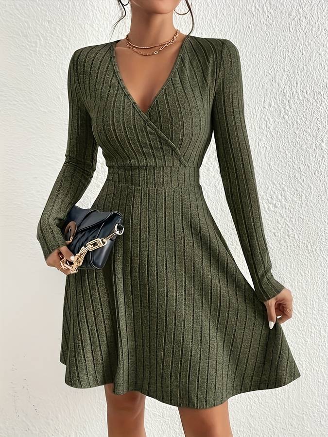 Women's Knit Dress - Wrap V-Neck - Long Sleeve - Ribbed A-Line Silhouette