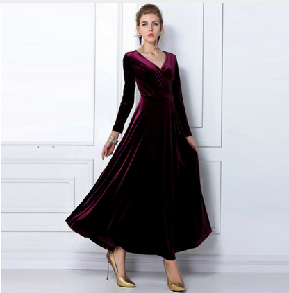 Women’s Evening Dress – Velvet Texture – A-Line Fit – Deep V-Neck – Long Sleeve