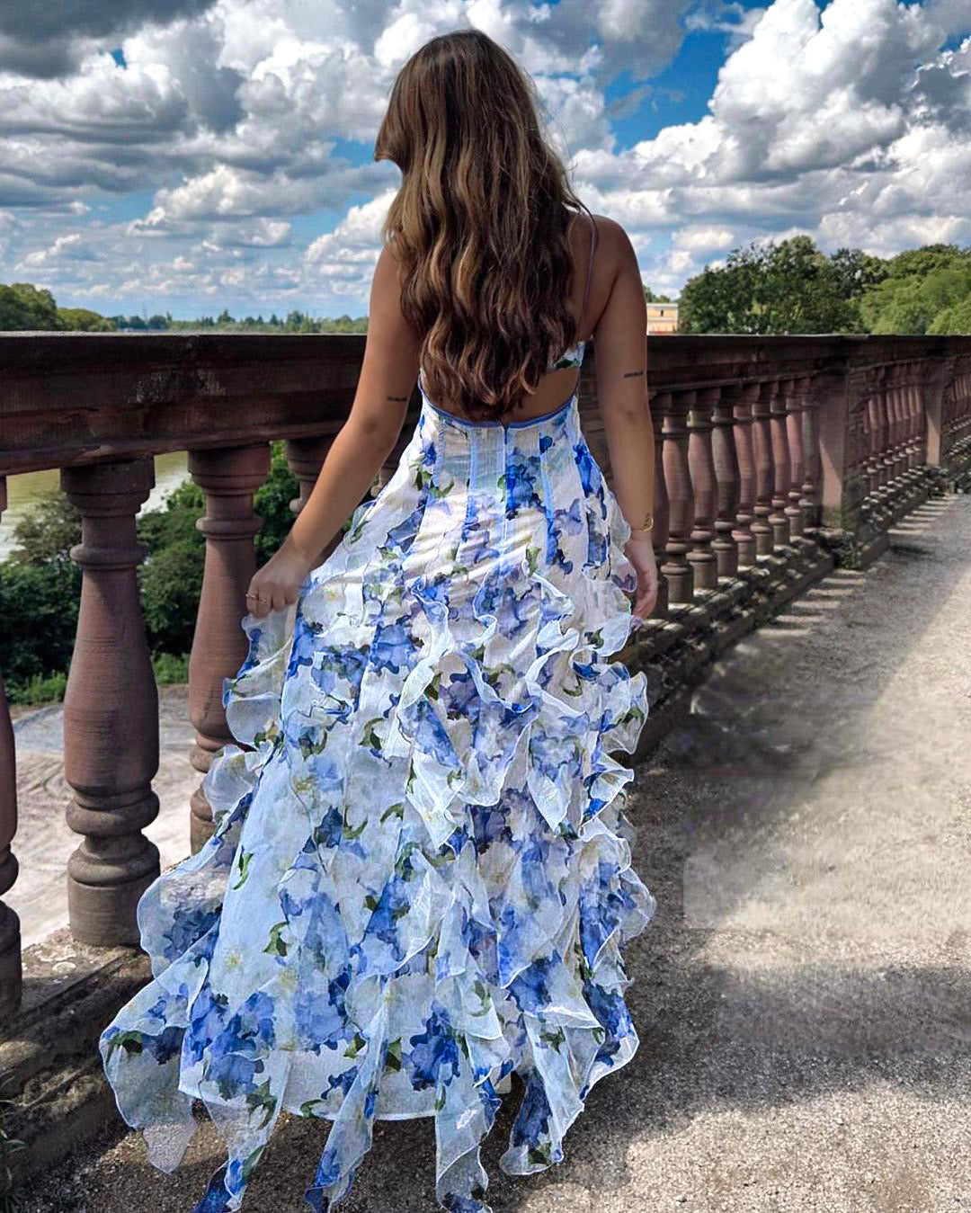 Women’s Maxi Dress – Slim Fit – Ruffled Skirt – Sleeveless Floral Elegant Design