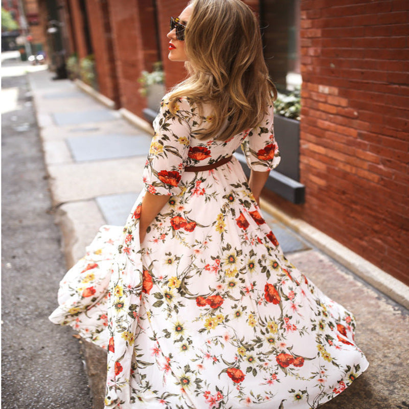 Women's Maxi Dress - Floral Print - Three-Quarter Sleeve - Round Neck - Belted Waist