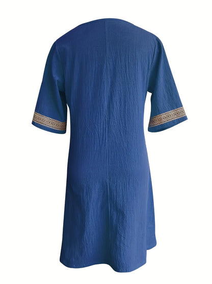 Women's V-Neck Tunic Dress - Lace Detail - 3/4 Sleeve - Lightweight & Breathable