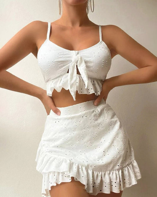 Women’s Bikini Set – Tie Front Top – Ruffled Mini Skirt – Eyelet Embroidery – Breathable Blend