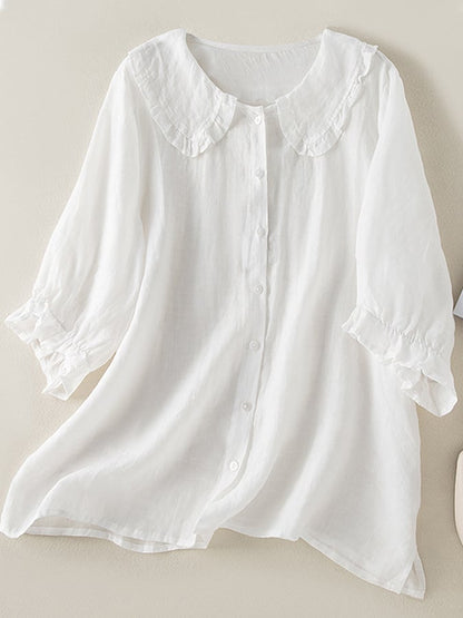 Women's cotton linen loose peter pan ruffles neck shirt