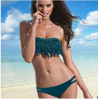 Women’s Bikini Set – Strapless Bandeau Top – Fringe Detail – Low Rise Cut-Out Bottoms