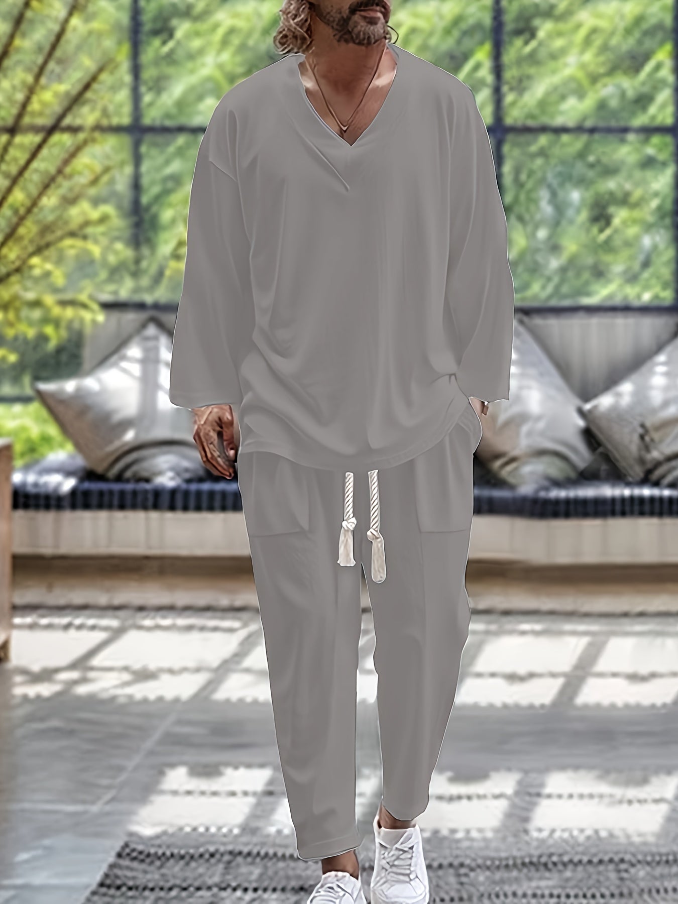 Men’s Loungewear Set – V-Neck Long Sleeve Top – Relaxed Fit Trousers with Pockets