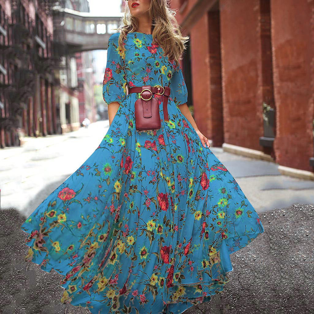 Women's Maxi Dress - Floral Print - Three-Quarter Sleeve - Round Neck - Belted Waist