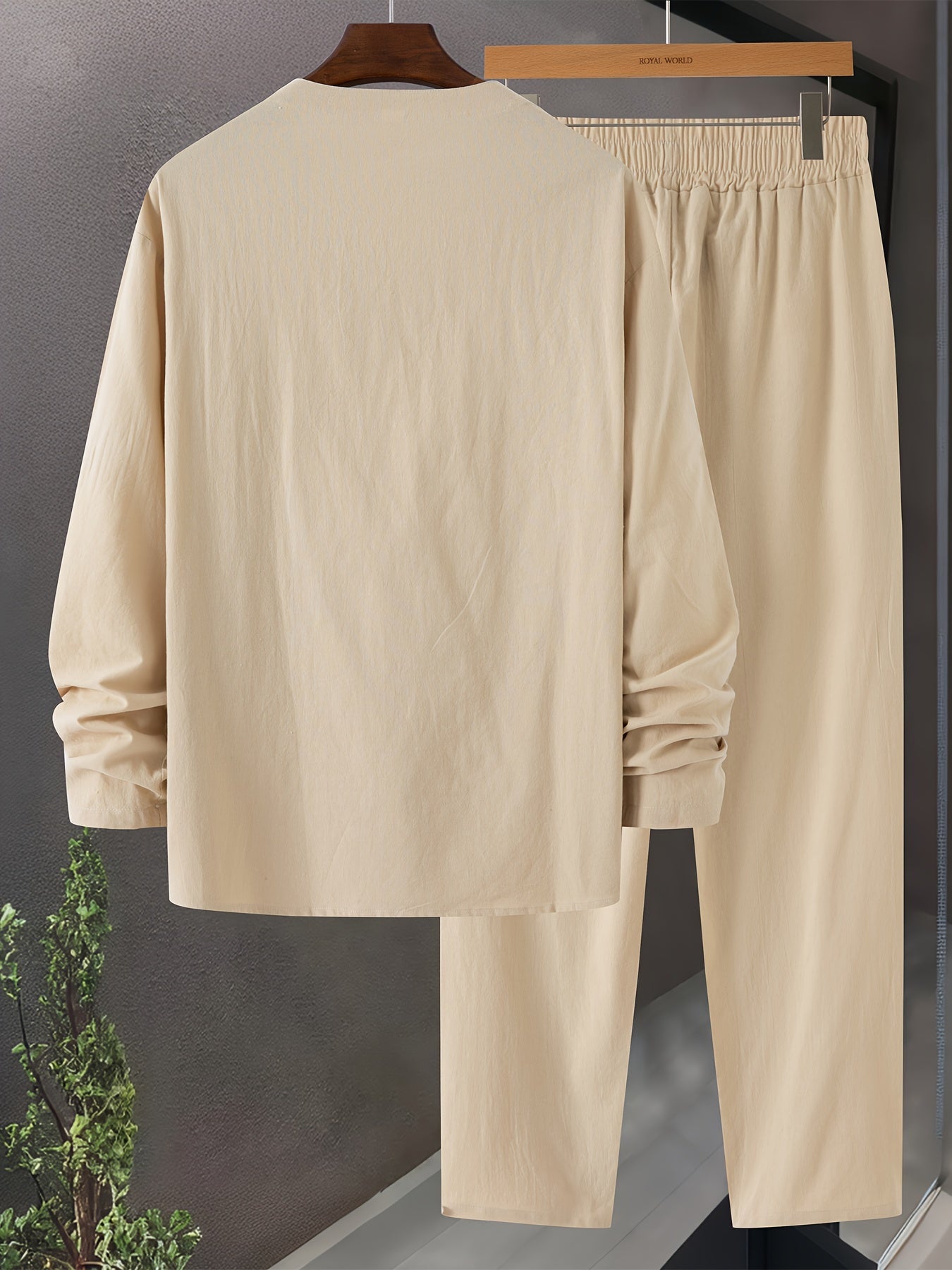Men’s Loungewear Set – V-Neck Long Sleeve Top – Relaxed Fit Trousers with Pockets