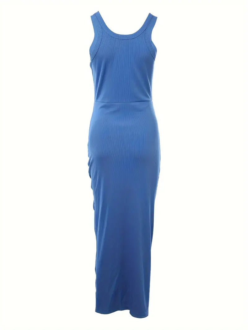 Women's Bodycon Dress - Sleeveless Scoop Neck - High Slit Satin-Like Elegant Wear