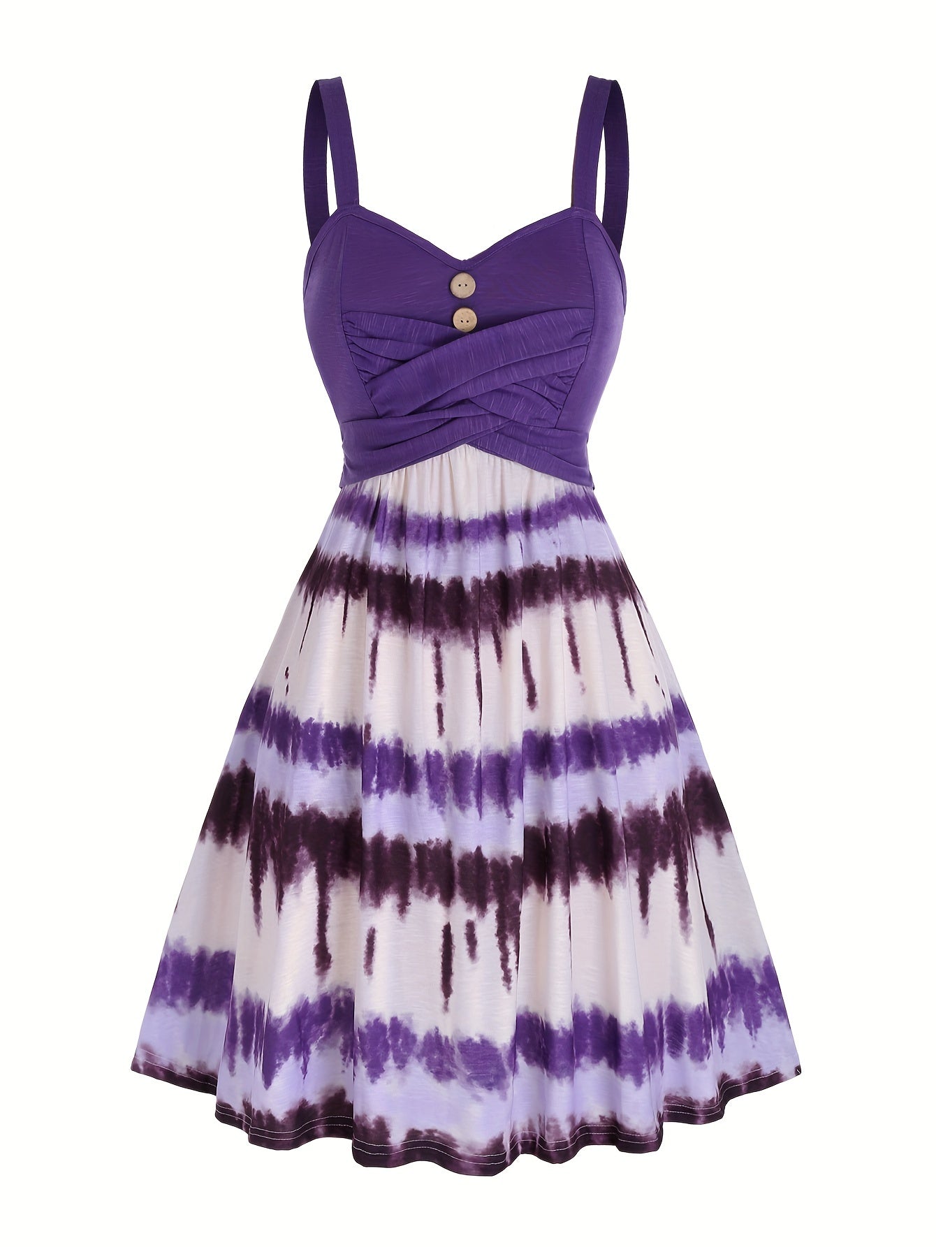 Tie-Dye V-Neck Dress with Faux Buttons for Women
