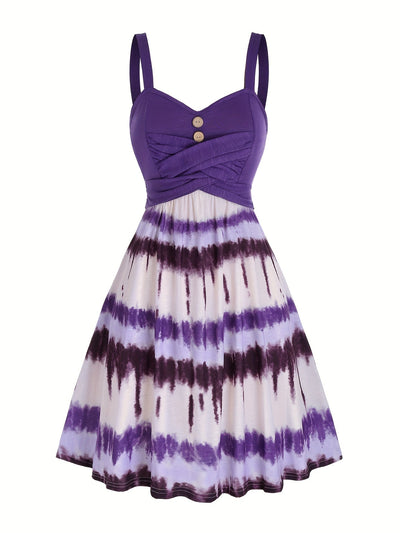 Tie-Dye V-Neck Dress with Faux Buttons for Women