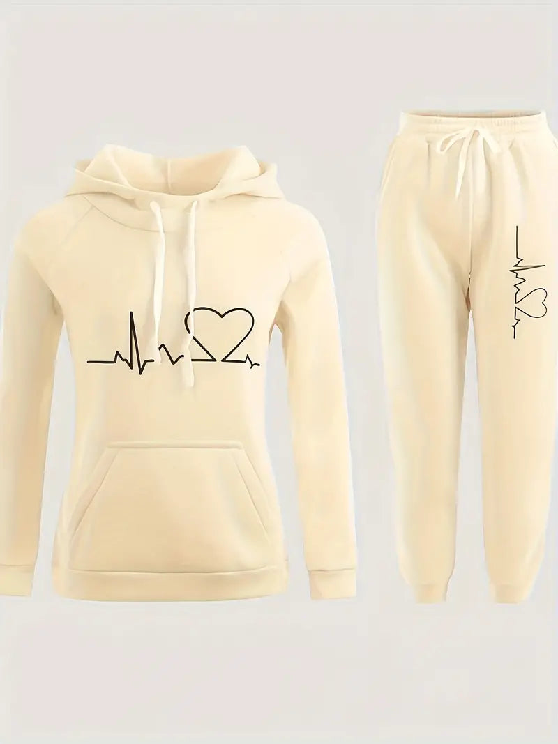 Women's Hoodie & Joggers Set - Heartbeat Graphic - Relaxed Fit - Drawstring Hood & Waist