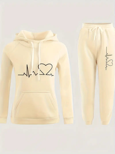 Women's Hoodie & Joggers Set - Heartbeat Graphic - Relaxed Fit - Drawstring Hood & Waist
