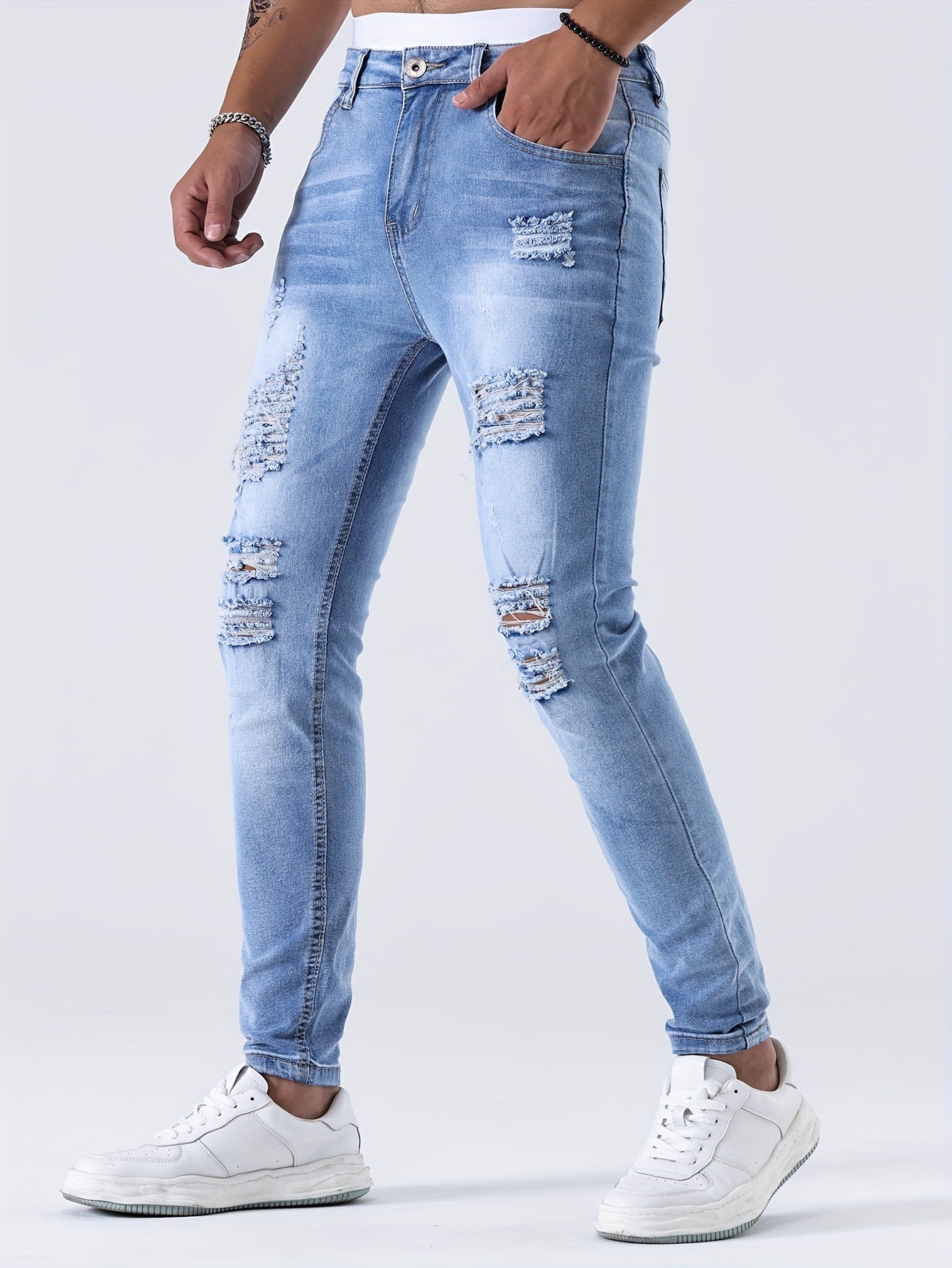 Men’s Skinny Jeans - Distressed Ripped Denim - Tapered Fit - Casual Streetwear