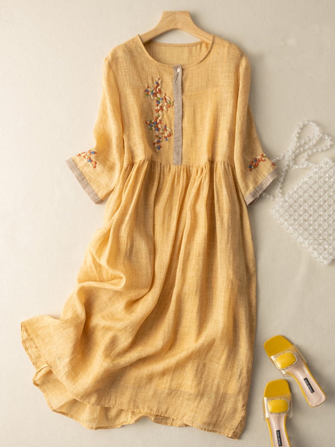 Women’s Midi Dress – Relaxed Fit – Natural Fibers – Embroidered – 3/4 Sleeve – Button Neckline
