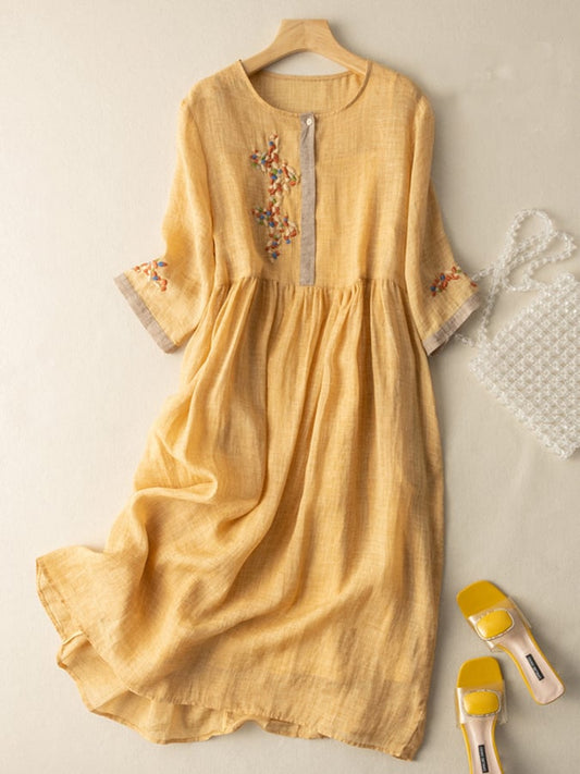 Women’s Midi Dress – Relaxed Fit – Natural Fibers – Embroidered – 3/4 Sleeve – Button Neckline