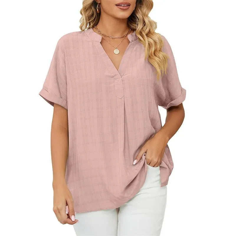 Women's Blouse - Loose Fit - V-Neck - Short Sleeve Lightweight Casual Wear