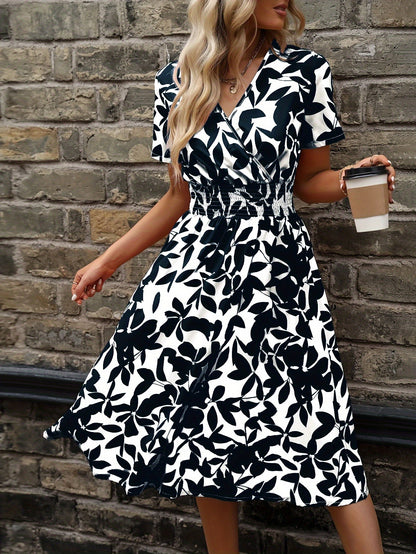 Elegant Midi Dress for Women - Floral Print with Smocked Details