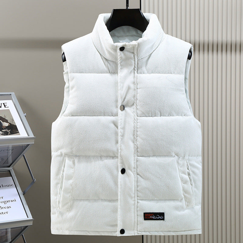 Men’s Quilted Vest – Corduroy – Padded Structured Fit – Stand Collar – Snap Closure