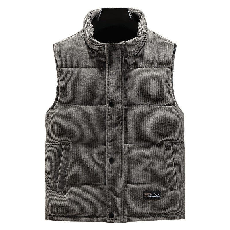 Men’s Quilted Vest – Corduroy – Padded Structured Fit – Stand Collar – Snap Closure