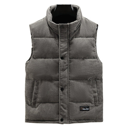 Men’s Quilted Vest – Corduroy – Padded Structured Fit – Stand Collar – Snap Closure
