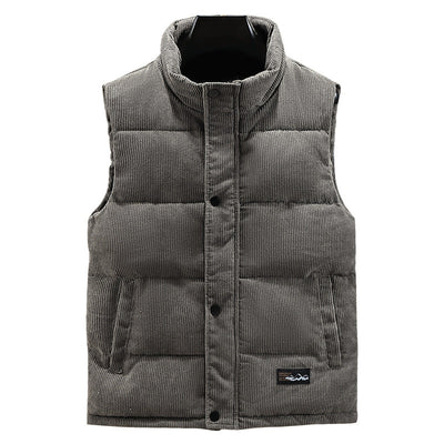 Men’s Quilted Vest – Corduroy – Padded Structured Fit – Stand Collar – Snap Closure