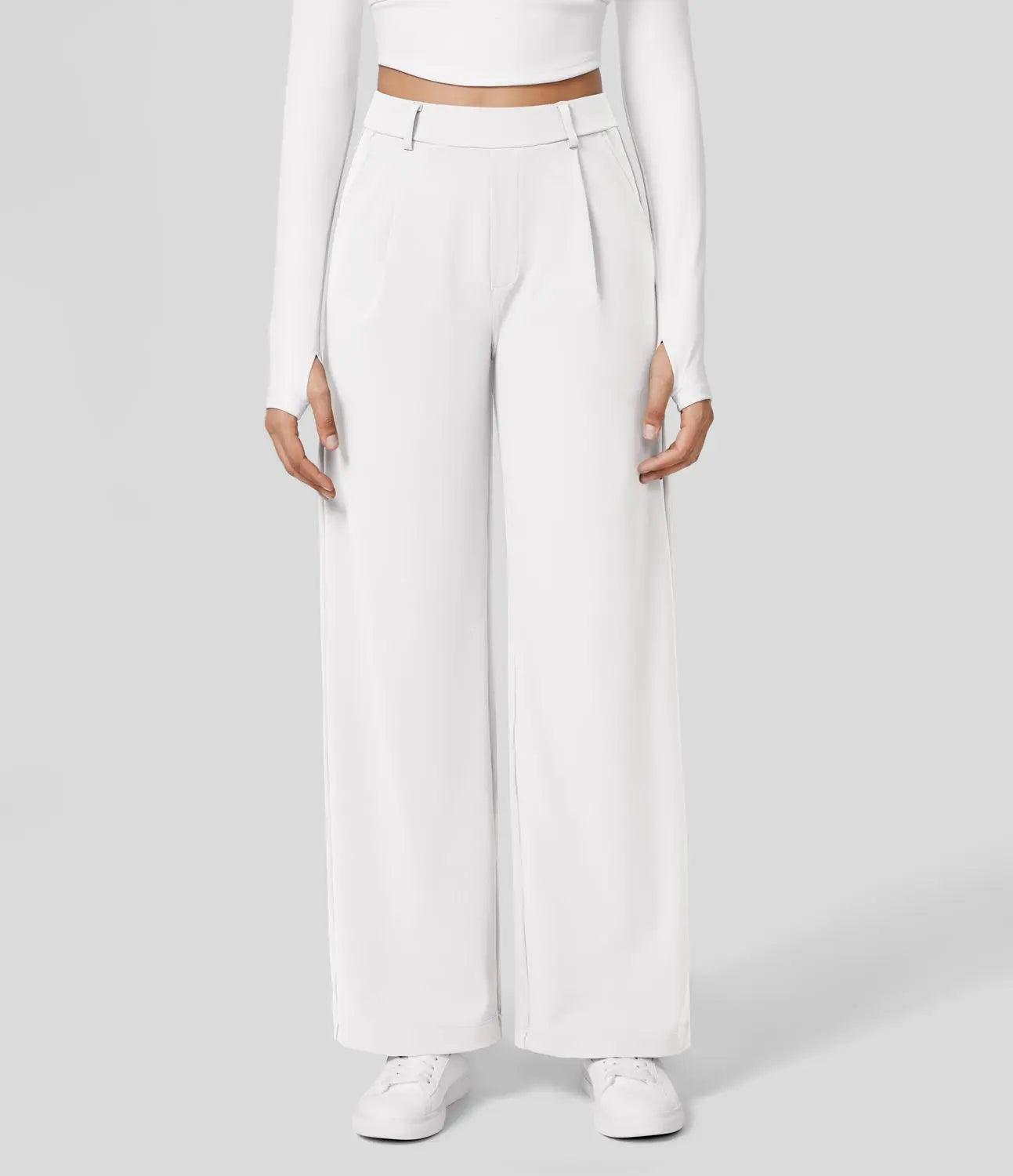 Women's Wide-Leg Trousers - High Waist - Pleated Front - Full Length - Side Pockets