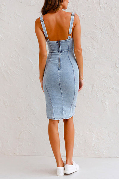Denim Bodycon Cami Dress with U-Neckline | Slim Fit Stretch Design