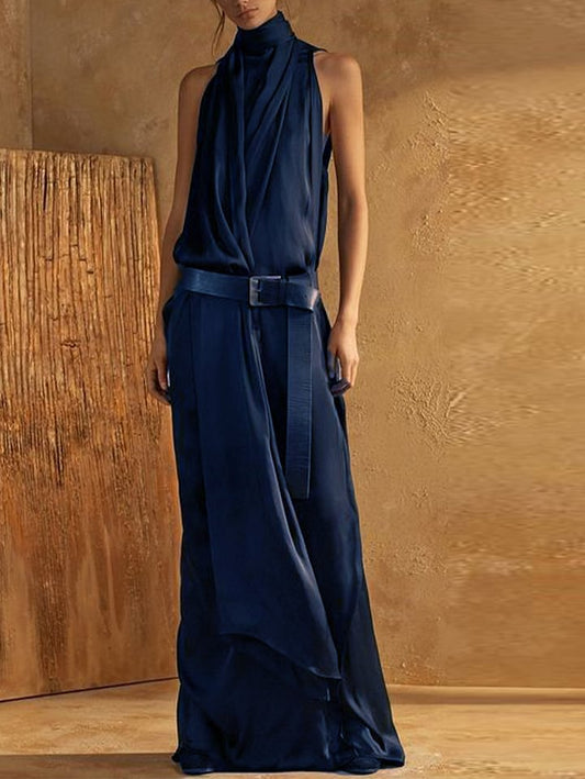 Women’s Maxi Tank Dress – High Neck – Sleeveless – Waist Belt – Flowing Fit – Breathable Blend