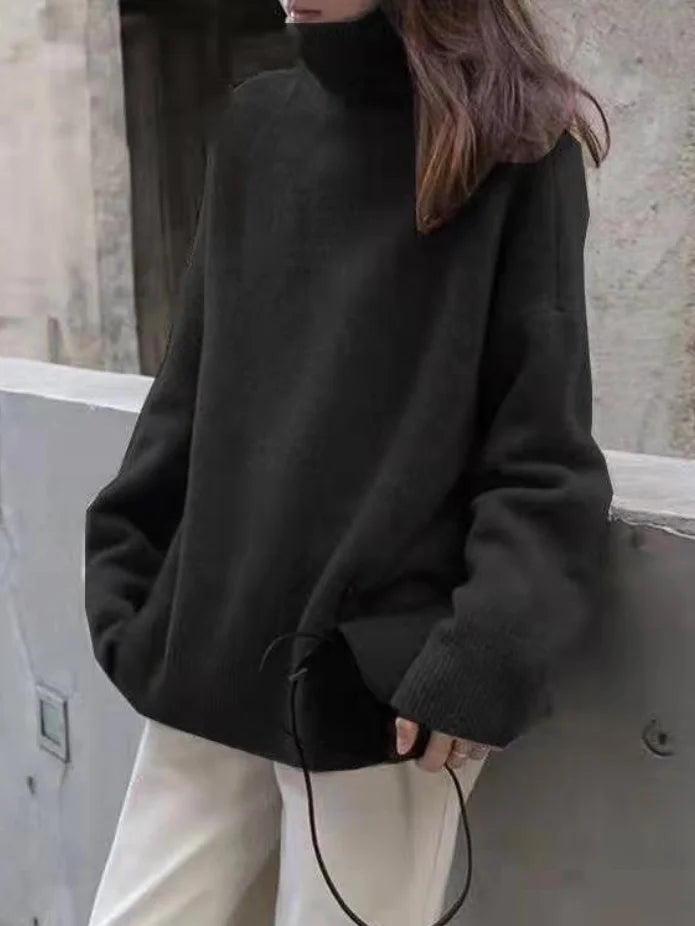 Women’s Turtleneck Sweater – Wool Blend – Relaxed Fit – Ribbed Cuffs – Hip Length