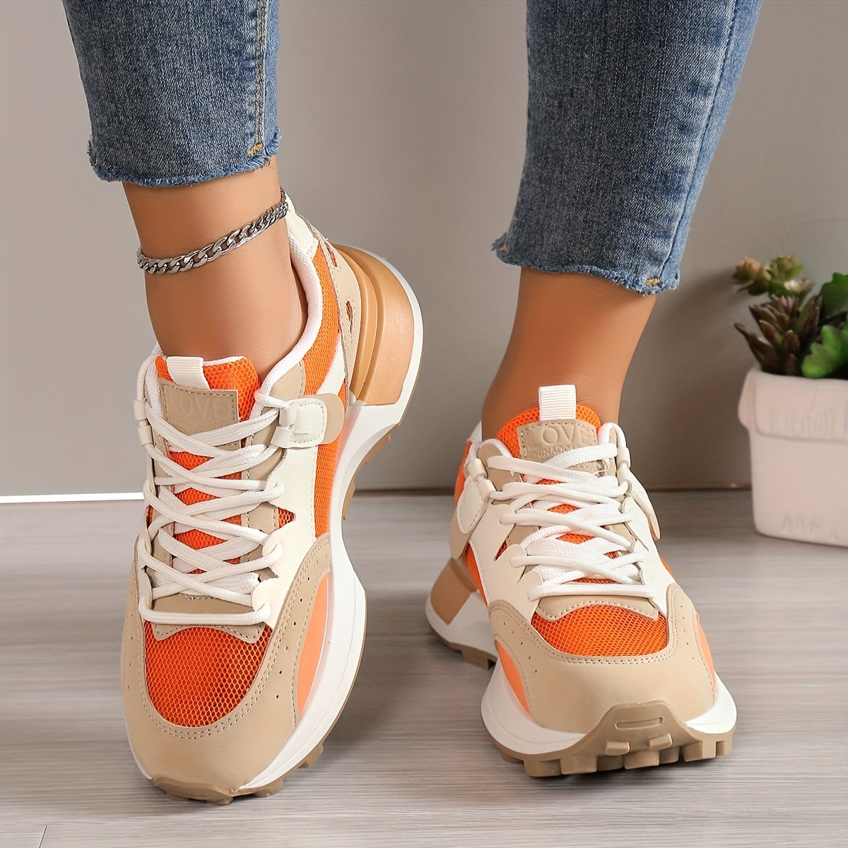 Women's Chunky Trainers - Breathable Mesh - Lace-Up - Cushioned Support - Casual Wear