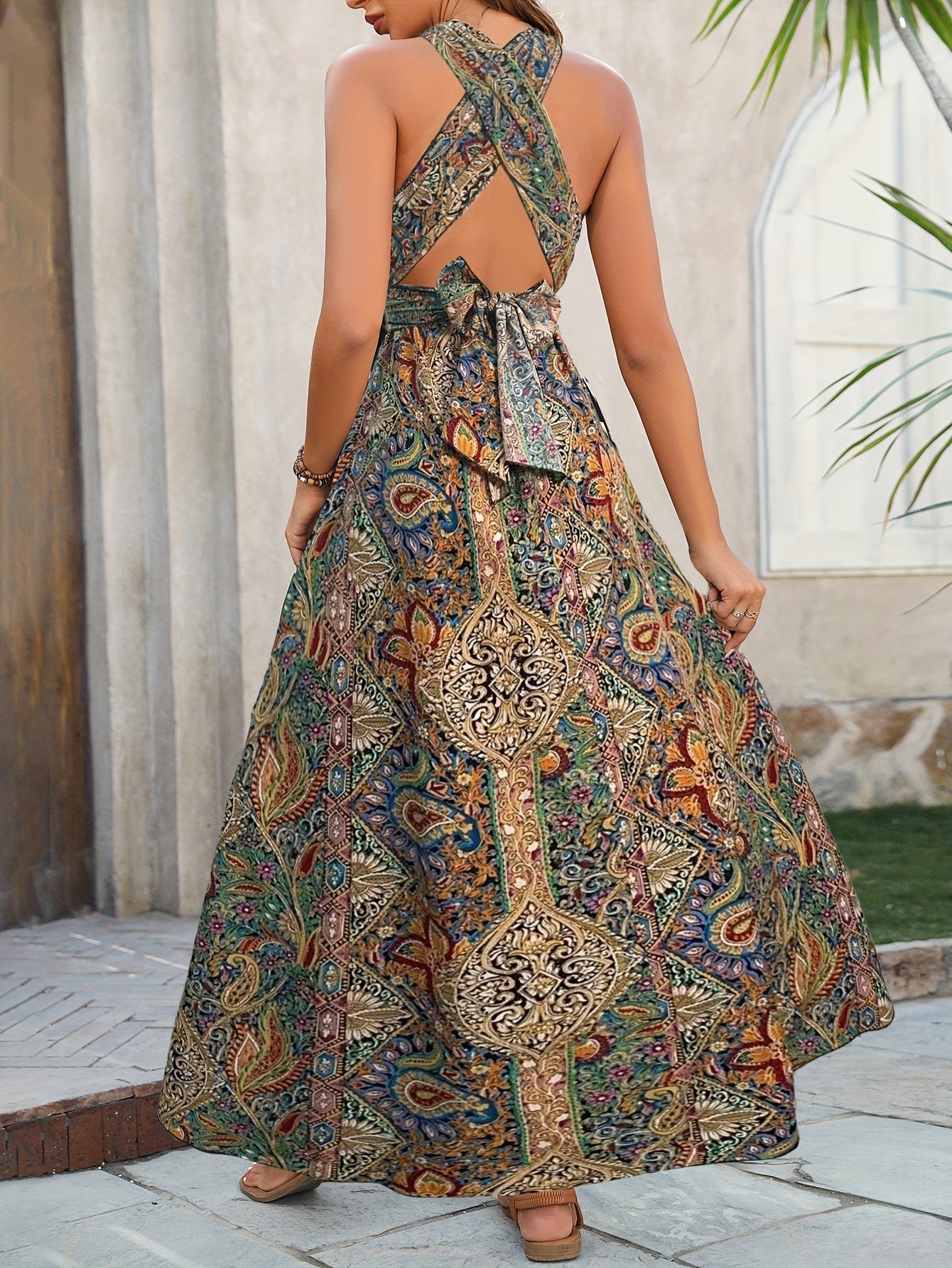 Women's Long Paisley-Print Dress with Open Crossed Back