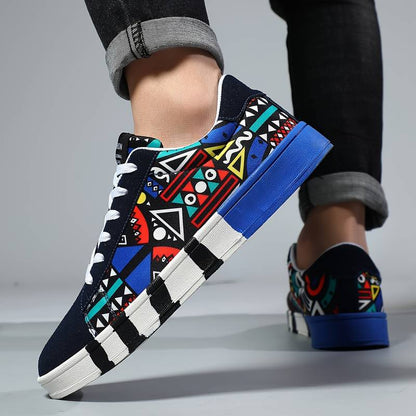 Men’s Low-Top Sneakers – Geometric Pattern – Canvas Upper – Rubber Sole – Casual Wear