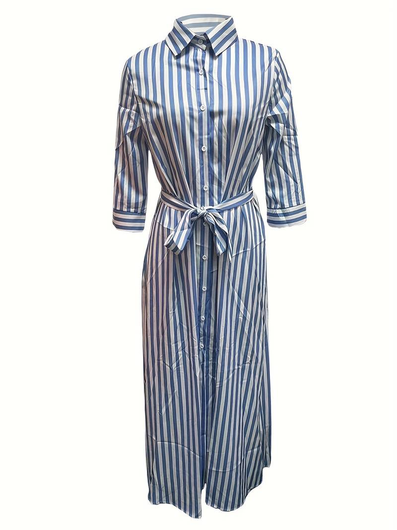 Women's Maxi Dress - Striped Button-Down - Tie Waist - V-Neck - Three-Quarter Sleeve