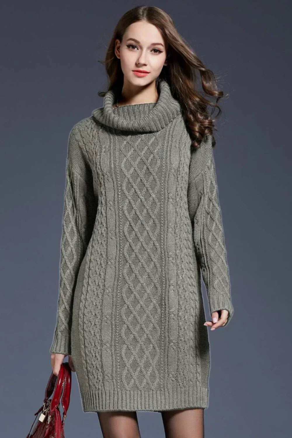 Women's Cable Knit Sweater Dress - Wool Blend - Cowl Neck - Long Sleeve - Relaxed Fit