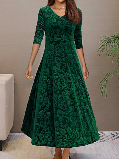 Women’s Midi Dress - Velvet A-Line - Floral Pattern - V-Neck - 3/4 Sleeve Elegant Fit
