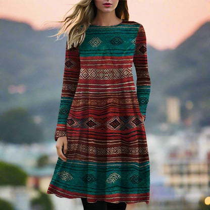 Women's A-Line Dress - Bohemian Geometric Print - Long Sleeve Casual Wear