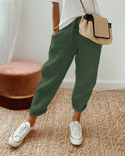 Women's Trousers - Relaxed Fit - Drawstring Waist - Casual Everyday Wear