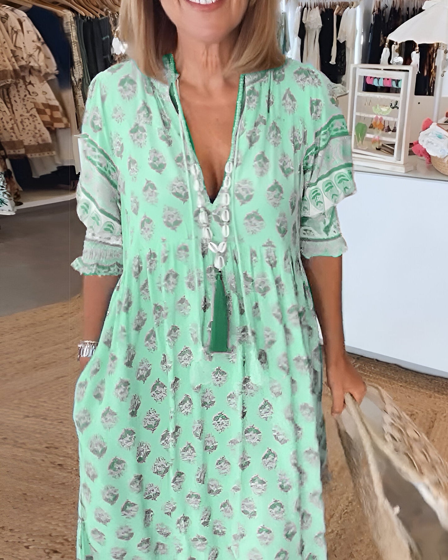 Women’s Maxi Dress – Boho Floral Print – V-Neck – Relaxed Fit – Natural Fibers