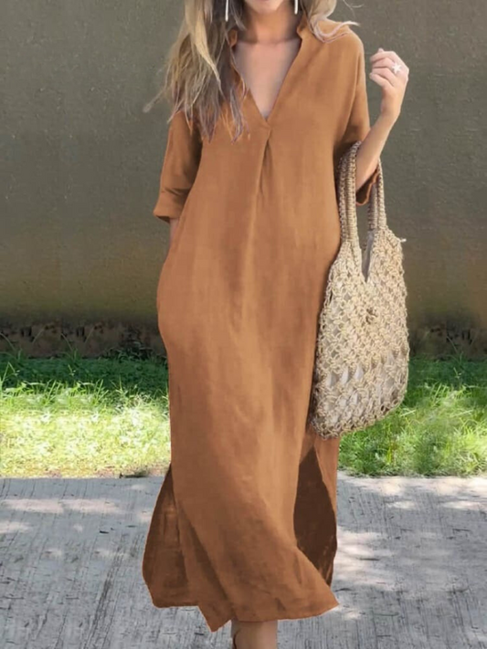 Women’s Maxi Dress – Relaxed Fit – V-Neck – Breathable Blend – Three-Quarter Sleeve
