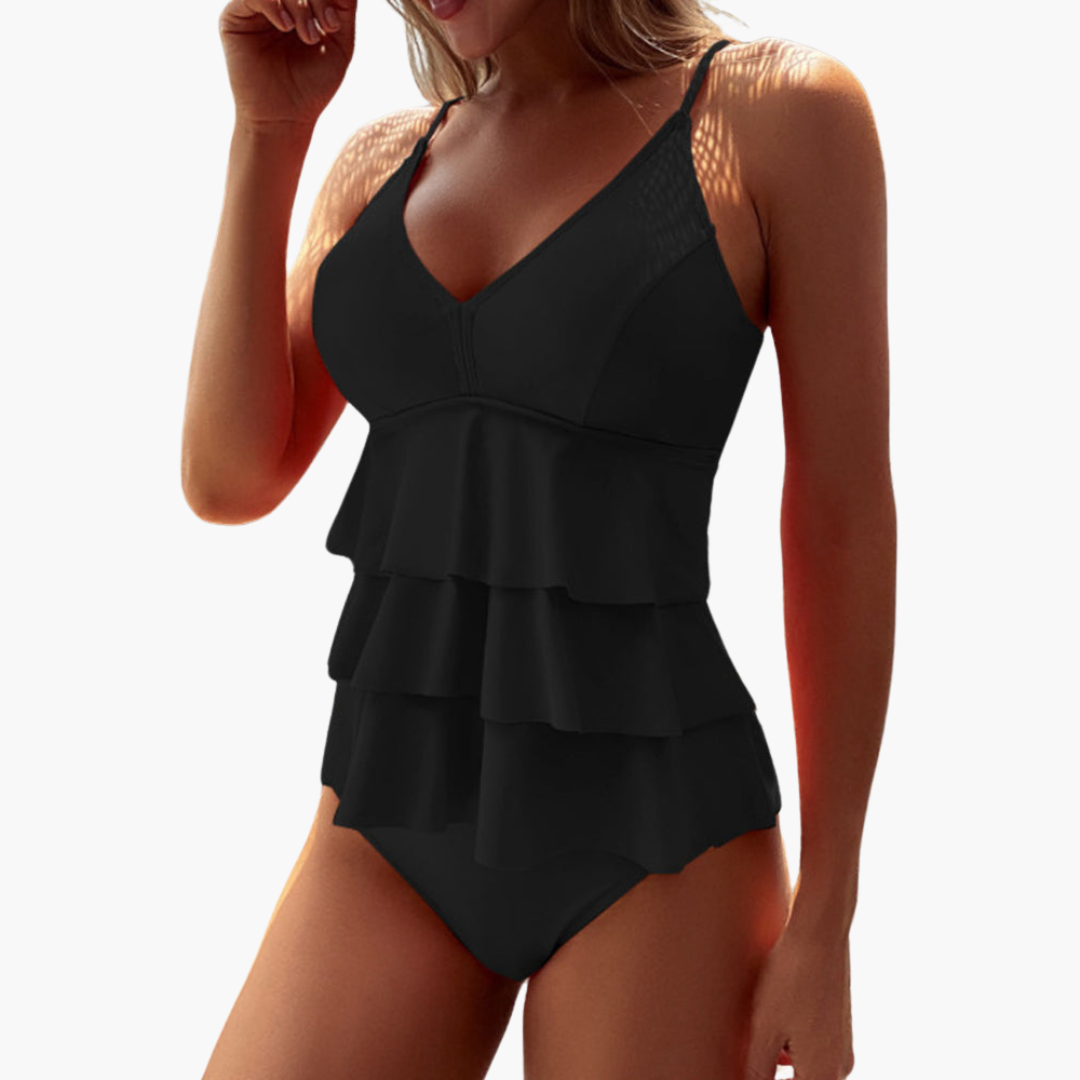 Women’s Tankini Set – Tiered Ruffle Top – V-Neck – Adjustable Straps – Soft Stretch Fabric