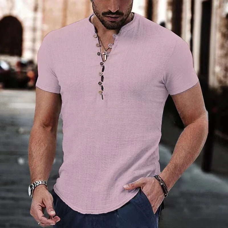 Men’s Short Sleeve Shirt – Slim Fit – Breathable Blend – Button Neck Casual Wear