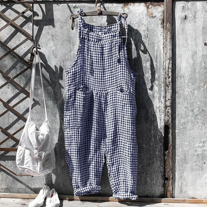 Women’s Jumpsuit – Relaxed Fit – Sleeveless – Wide Leg – Natural Fibers – Gingham Print
