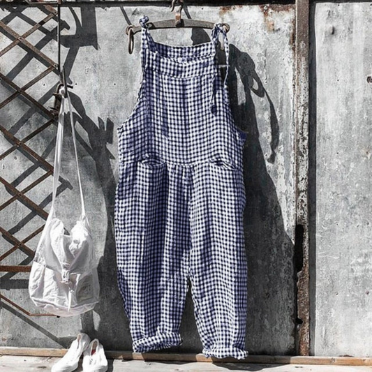Women’s Jumpsuit – Relaxed Fit – Sleeveless – Wide Leg – Natural Fibers – Gingham Print